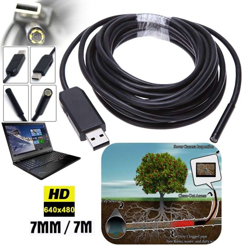 Waterproof USB Inspection HD Endoscope Video Camera With 6 LED's, 7 Meters Long