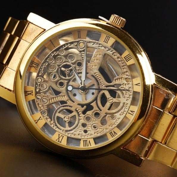 Business Men's Stainless Steel Skeleton Wrist Watch in Gold - Complimentary Gift Box