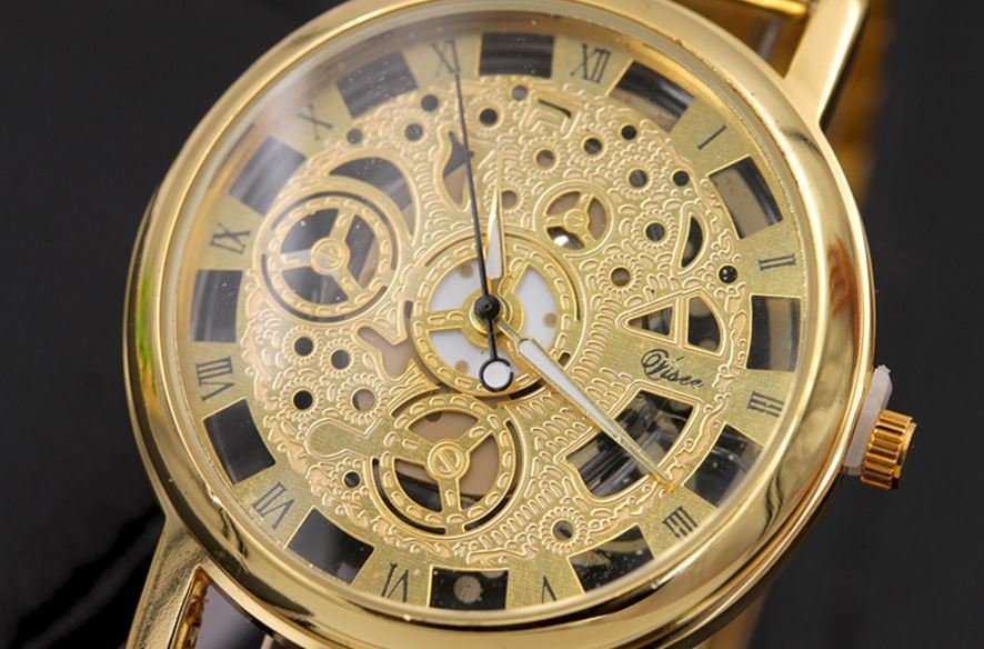 Business Men's Stainless Steel Skeleton Wrist Watch in Gold - Complimentary Gift Box