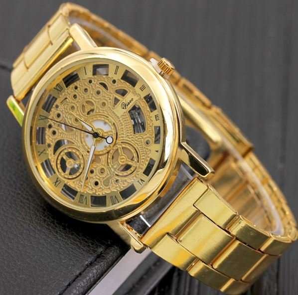 Business Men's Stainless Steel Skeleton Wrist Watch in Gold - Complimentary Gift Box