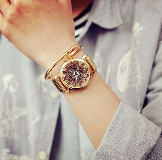 Business Men's Stainless Steel Skeleton Wrist Watch in Gold - Complimentary Gift Box