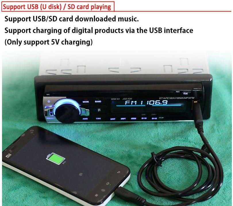 LED Bluetooth MP3 Car Radio & Remote - Supports USB, SD Card, Hands-free Calls, AUX, 5V Charging...