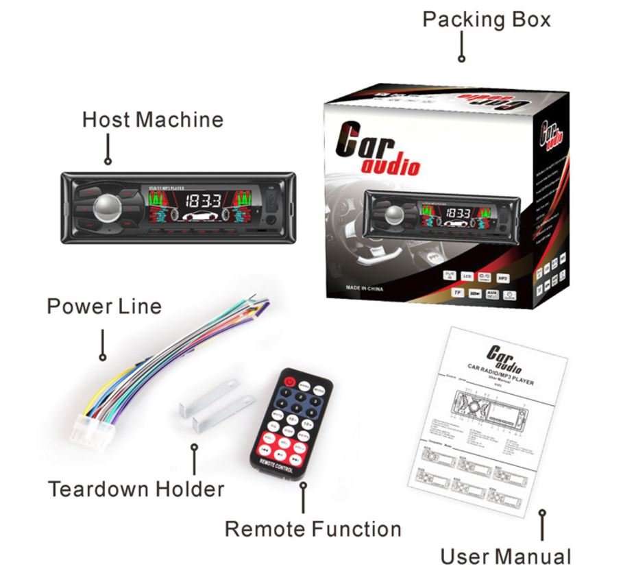 LED MP3 Car Radio & Remote - Supports USB, SD Card, AUX, 5V Charging, 4 x Speakers etc.