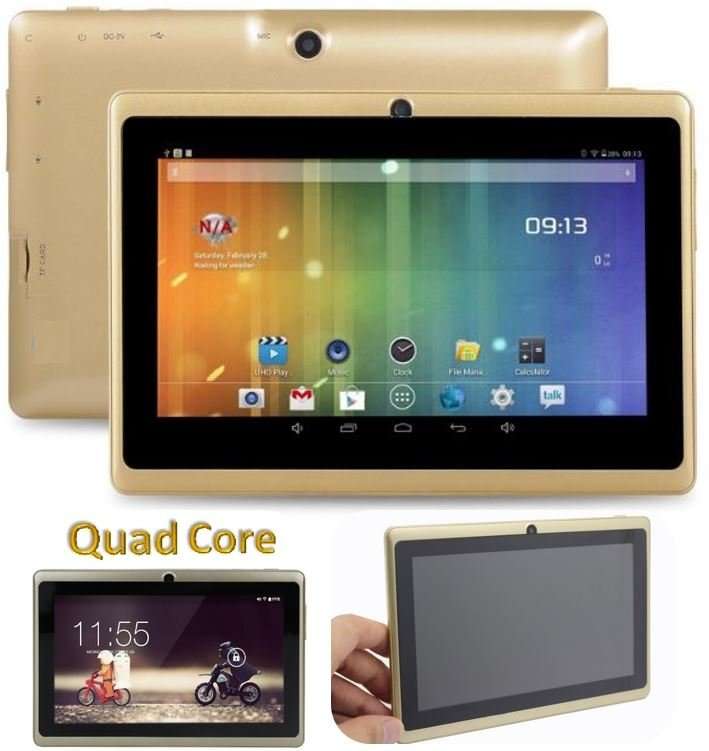 7" Quad Core, Android 4.4., 8GB, Dual Cameras, Wi-Fi, Bluetooth etc. - Gold