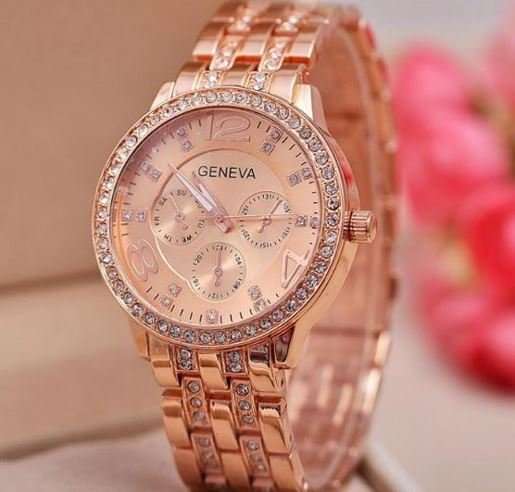 Elegant Ladies Geneva Crystal Quartz Chronograph Wrist Watch in Rosegold, Gold or Silver