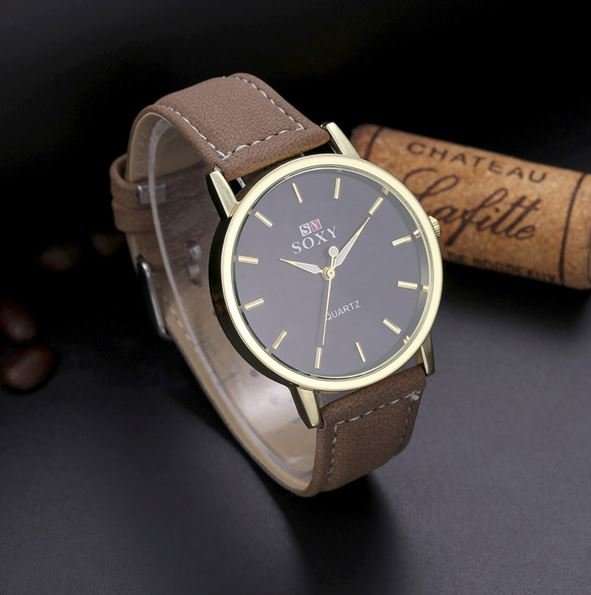 Elegant Business Rosegold & Black Men's SOXY Brand Leather Wrist Watch