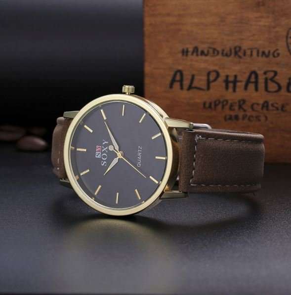 Elegant Business Rosegold & Black Men's SOXY Brand Leather Wrist Watch