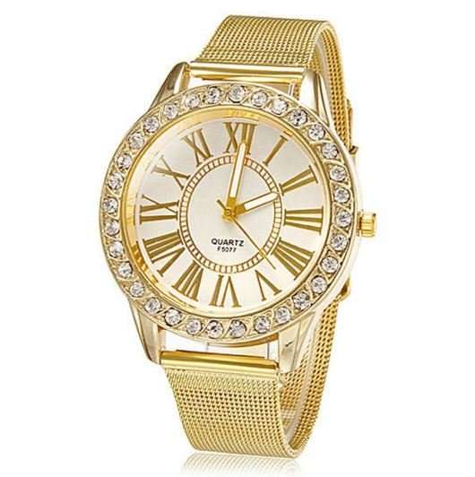 Luxurious Ladies Stainless Steel & Rhinestone Quartz Wrist Watch With Mesh Band Strap