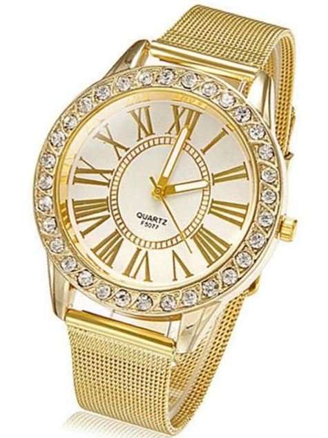 Luxurious Ladies Stainless Steel & Rhinestone Quartz Wrist Watch With Mesh Band Strap