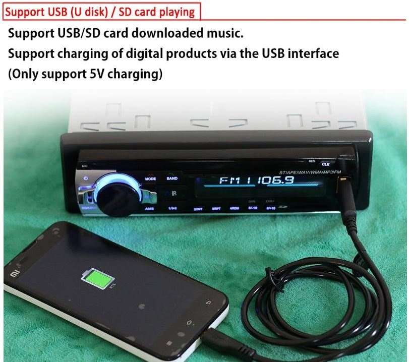 LED Bluetooth MP3 Car Radio & Remote - Supports USB, SD Card, Hands-free Calls, AUX, 5V Charging...