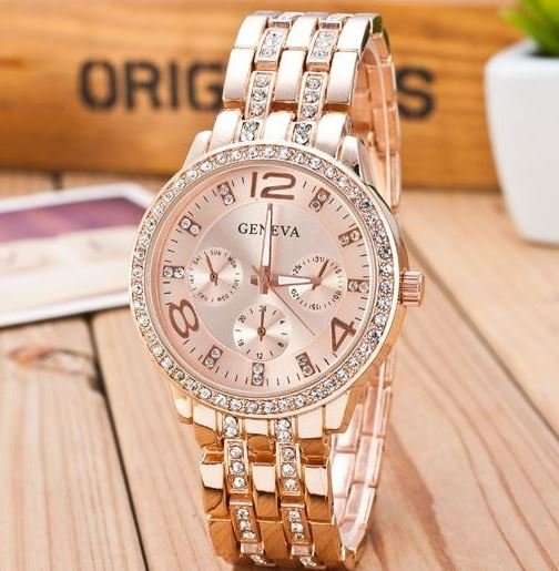 Elegant Ladies Geneva Crystal Quartz Chronograph Wrist Watch in Rosegold, Gold or Silver