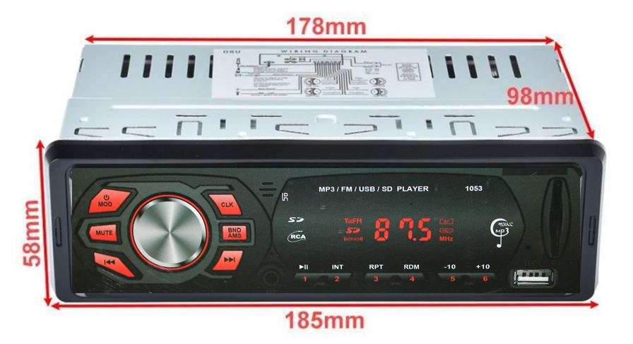 LED MP3 Car Radio & Remote - Supports USB, SD Card, AUX, 5V Charging, 4 x Speakers etc.