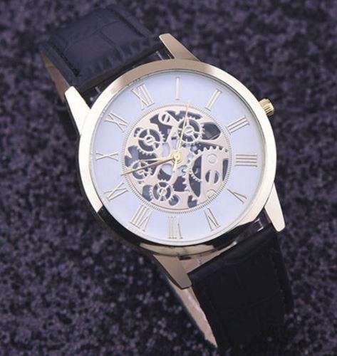 Trendy & Stylish Men's Leather Skeleton Wrist Watch in Gold & Black