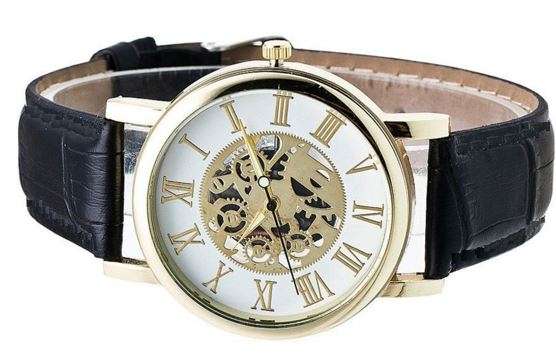 Trendy & Stylish Men's Leather Skeleton Wrist Watch in Gold & Black