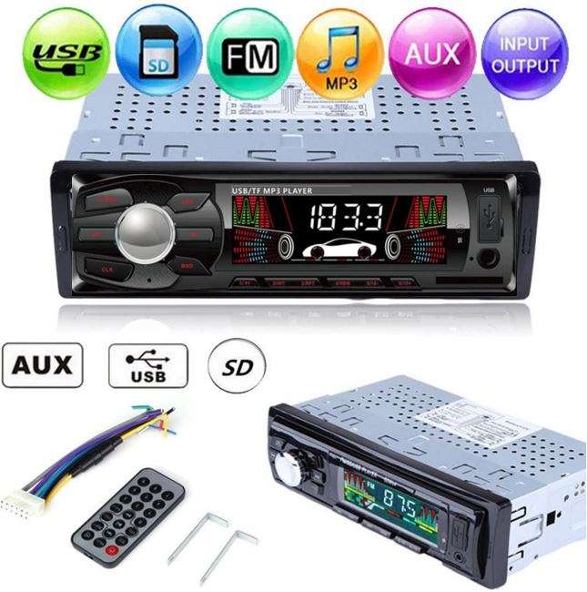 LED Car Radio & Remote - MP 3, FM Stereo, Supports USB, SD Card, AUX, 5V Charging, etc.