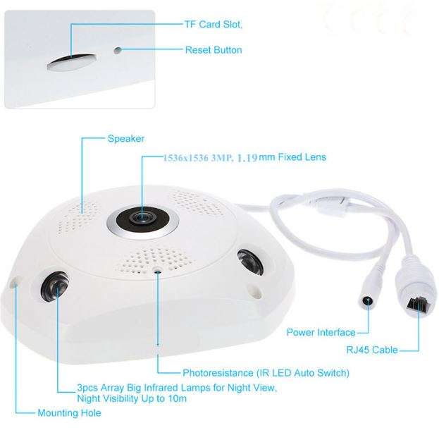 960P HD 3D Panoramic VR Camera, 360 Degree Multi Angle View, Two Way Talk, Motion Detection etc.