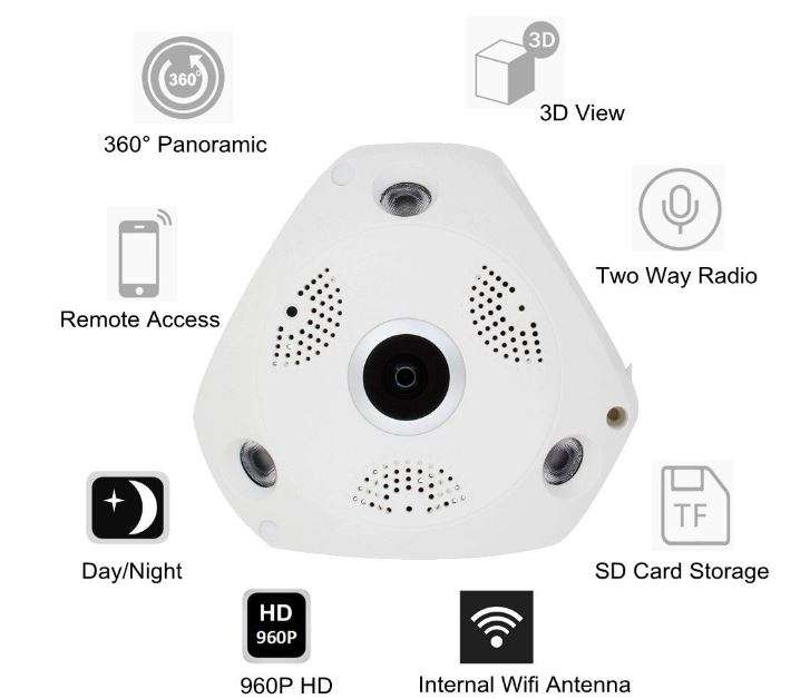 960P HD 3D Panoramic VR Camera, 360 Degree Multi Angle View, Two Way Talk, Motion Detection etc.