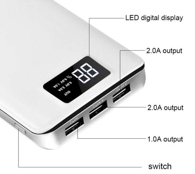 20 000mAh 3 USB Power Bank for Charging of Electronic Devices, LED Digital Screen & Flashlight