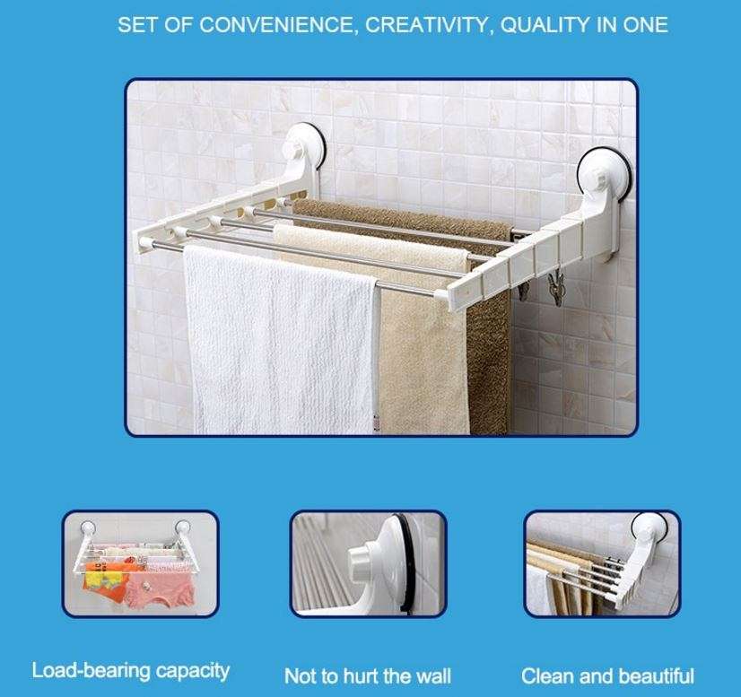 Adjustable & Expandable Wall Mounted Telescopic Towel Rack With Suction Cup - No Drilling, No Nails