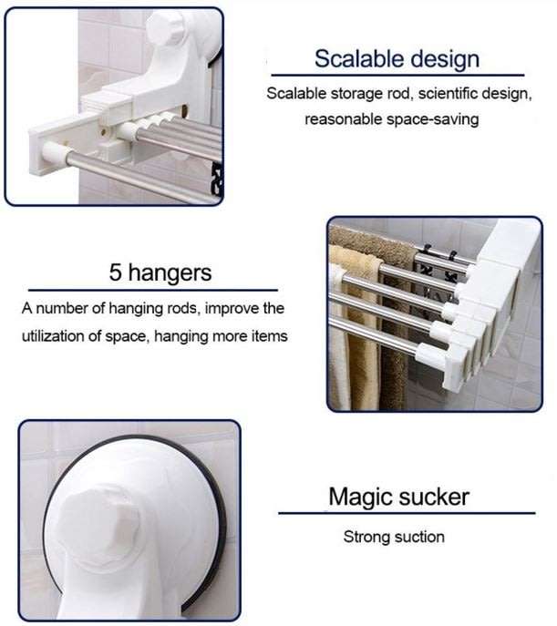 Adjustable & Expandable Wall Mounted Telescopic Towel Rack With Suction Cup - No Drilling, No Nails