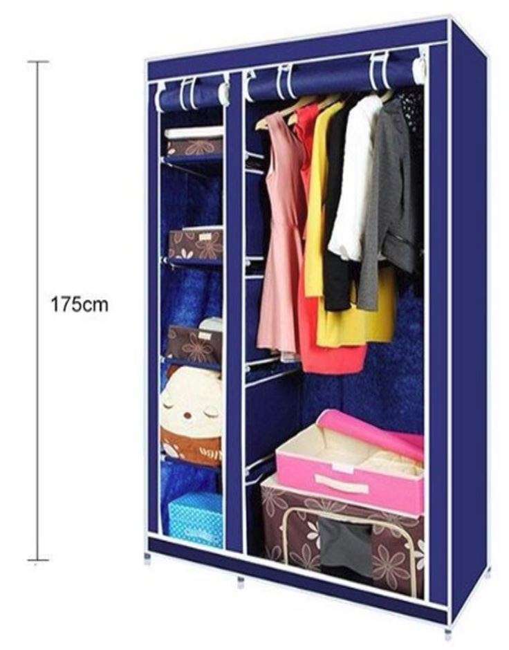 Double Canvas Wardrobe With 5 Shelves & Zip up Twin Front Covers To Prevent Dust Build-up