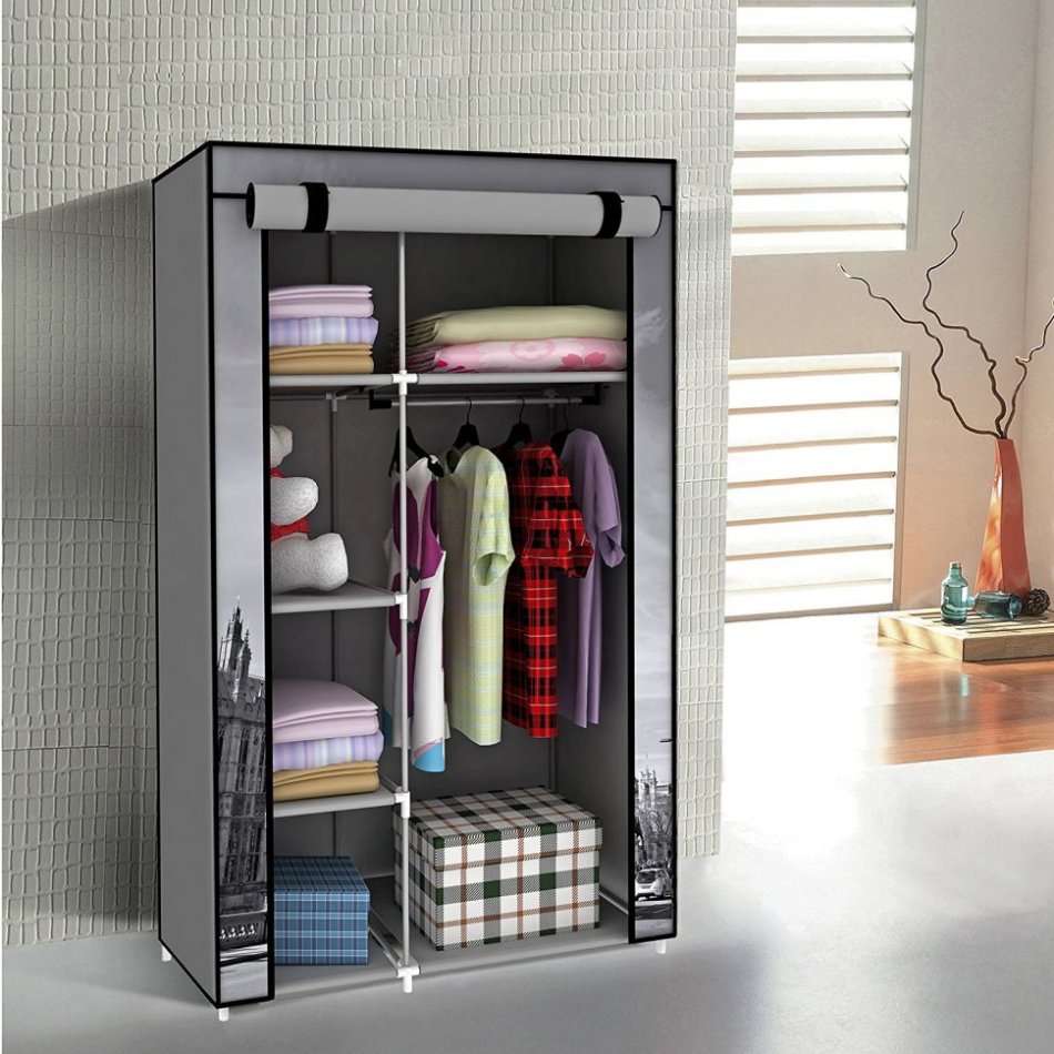 Double Canvas Wardrobe With 5 Shelves & Zip up Twin Front Covers To Prevent Dust Build-up