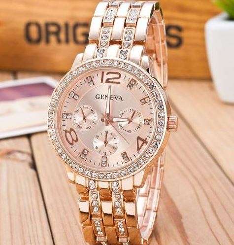 Elegant Ladies Geneva Crystal Quartz Chronograph Wrist Watch in Rosegold, Gold or Silver