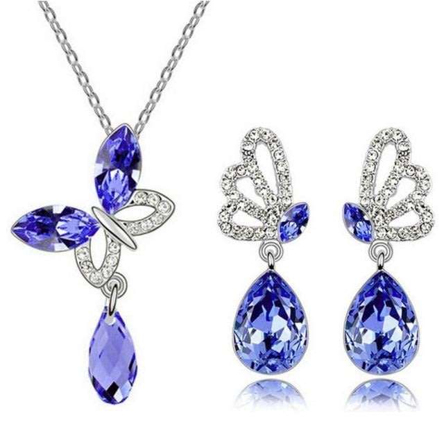 Exquisite Silver Plated Blue Austrian Crystal Butterfly Shaped Jewelry Set