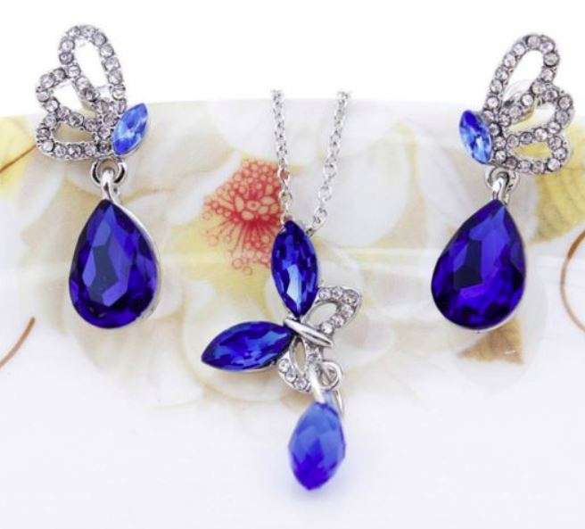 Exquisite Silver Plated Blue Austrian Crystal Butterfly Shaped Jewelry Set