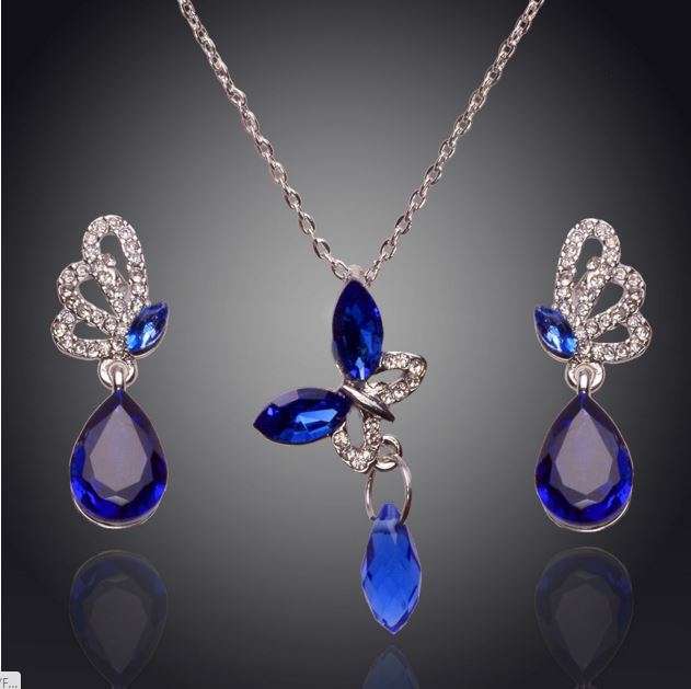 Exquisite Silver Plated Blue Austrian Crystal Butterfly Shaped Jewelry Set