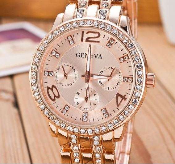 Elegant Ladies Geneva Crystal Quartz Chronograph Wrist Watch in Rosegold, Gold or Silver