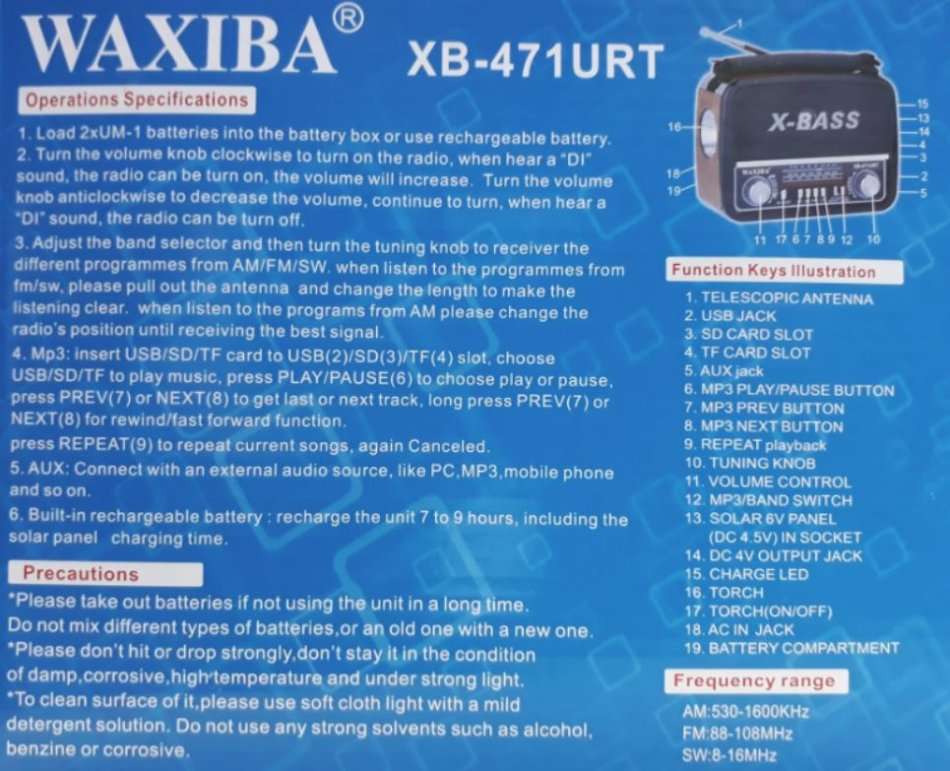 SD/USB/TF MP3 Player - AM/FM Radio, Build in X-Bass Speaker, Flash Light & Rechargeable Battery