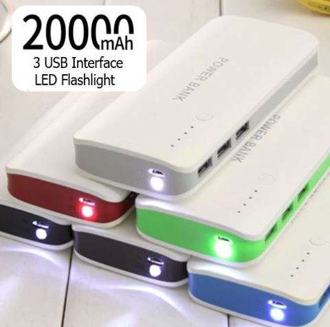 3 USB Powerbank 20000 mAh for Charging of Electronic Devices With LED Flashlight