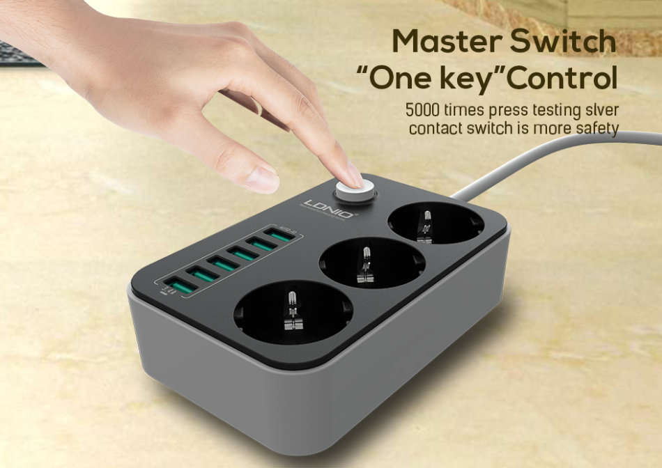 LDNIO 3.4A Power Strip Charger with 3 Power Sockets & 6 USB Charging Ports - Multi Adapter Smart USB