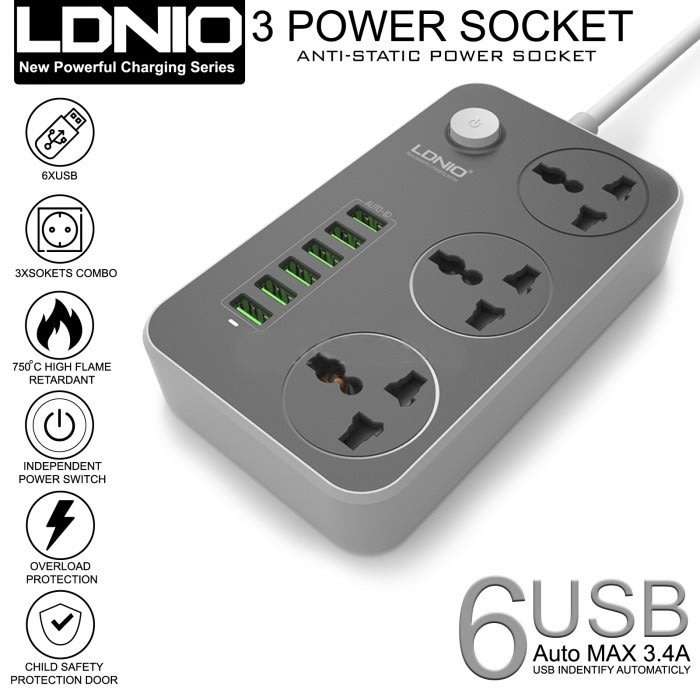 LDNIO 3.4A Power Strip Charger with 3 Power Sockets & 6 USB Charging Ports - Multi Adapter Smart USB