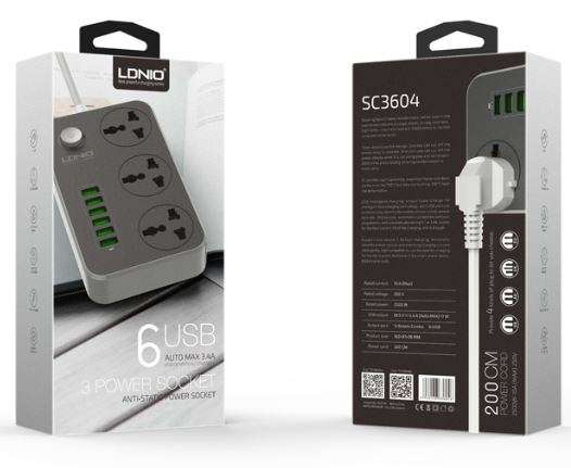 LDNIO 3.4A Power Strip Charger with 3 Power Sockets & 6 USB Charging Ports - Multi Adapter Smart USB