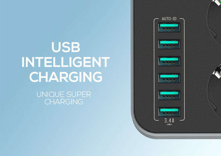 LDNIO 3.4A Power Strip Charger with 3 Power Sockets & 6 USB Charging Ports - Multi Adapter Smart USB