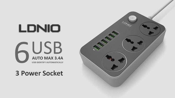 LDNIO 3.4A Power Strip Charger with 3 Power Sockets & 6 USB Charging Ports - Multi Adapter Smart USB