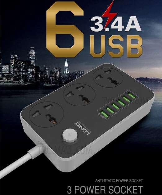 LDNIO 3.4A Power Strip Charger with 3 Power Sockets & 6 USB Charging Ports - Multi Adapter Smart USB