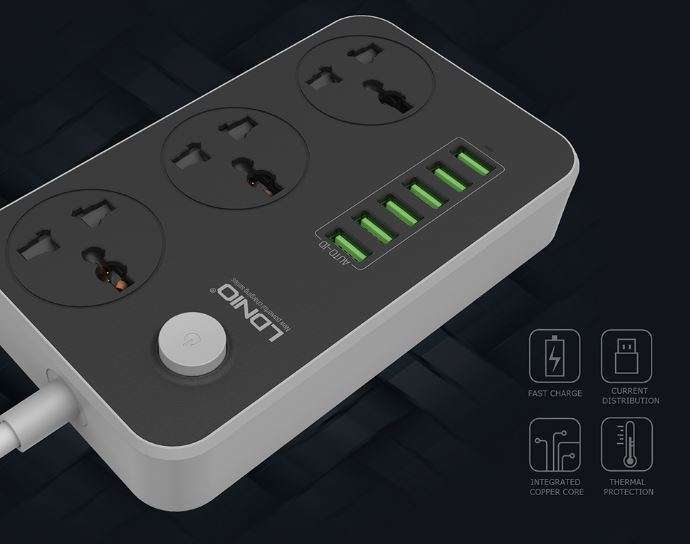 LDNIO 3.4A Power Strip Charger with 3 Power Sockets & 6 USB Charging Ports - Multi Adapter Smart USB