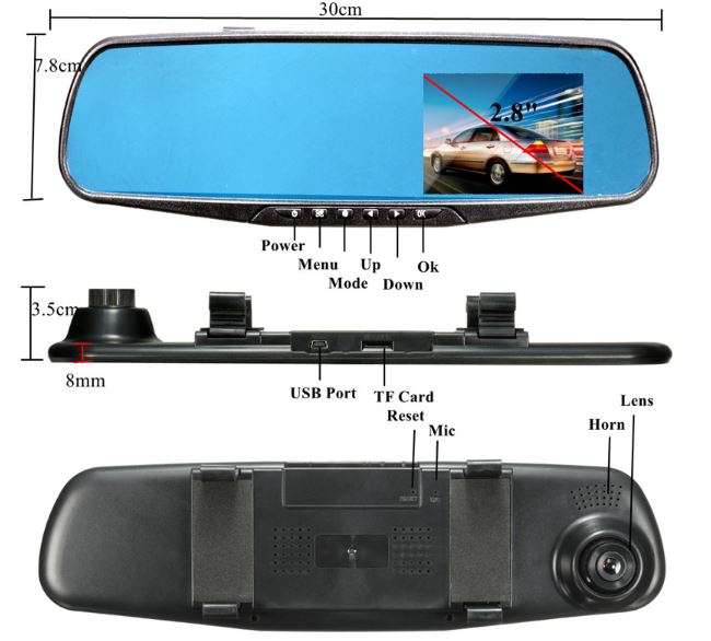 HD 1080P 2.8" Mirror Video Camera, LCD Screen, Support SD Card, Motion Detection, Loop Recording ...