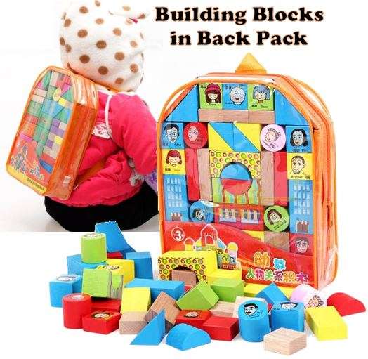 Building blocks in back pack bag, great for learning letter, numbers, shapes & colours