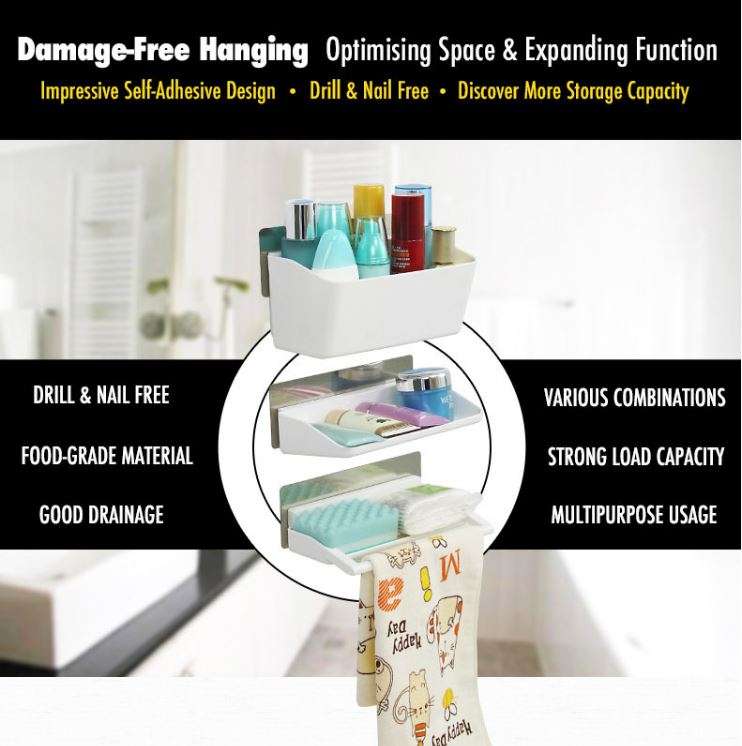 Self-Adhesive 3 Piece Storage Racks - Reusable, Strong Load Capacity, Clean, Chic & Clutter-Free