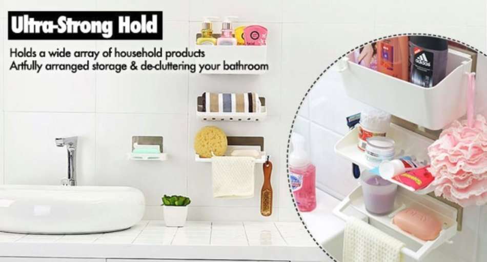 Self-Adhesive 3 Piece Storage Racks - Reusable, Strong Load Capacity, Clean, Chic & Clutter-Free