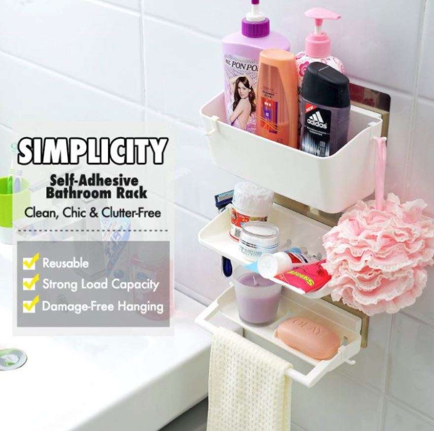 Self-Adhesive 3 Piece Storage Racks - Reusable, Strong Load Capacity, Clean, Chic & Clutter-Free