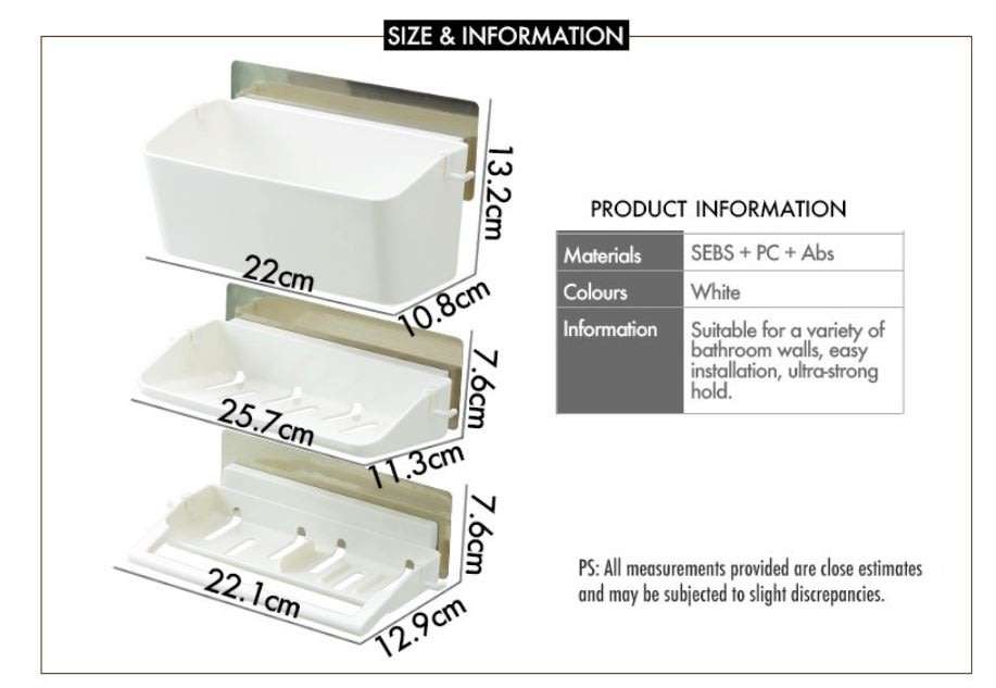 Self-Adhesive 3 Piece Storage Racks - Reusable, Strong Load Capacity, Clean, Chic & Clutter-Free