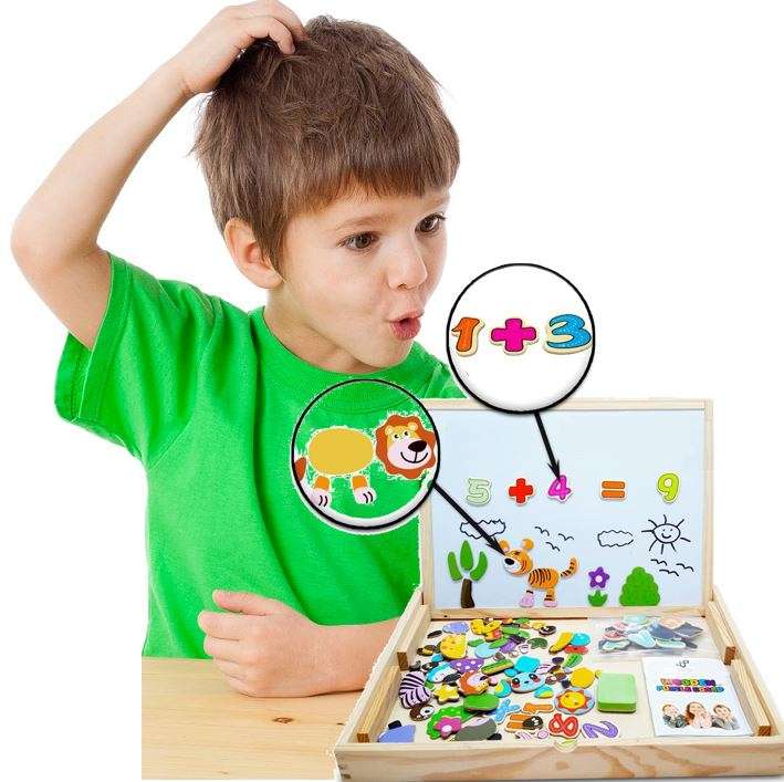 Cartoon Number Puzzle Magnetic Whiteboard & Chalkboard Set In a Wooden Box
