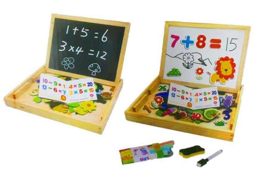 Cartoon Number Puzzle Magnetic Whiteboard & Chalkboard Set In a Wooden Box