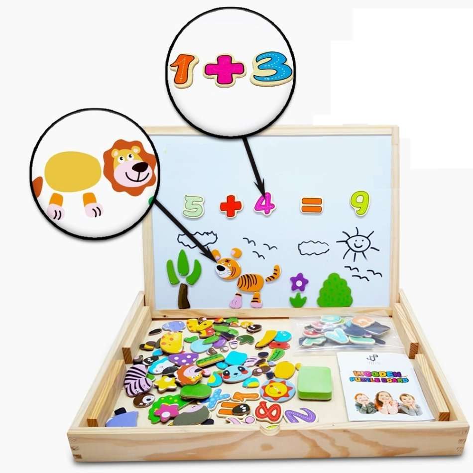 Cartoon Number Puzzle Magnetic Whiteboard & Chalkboard Set In a Wooden Box