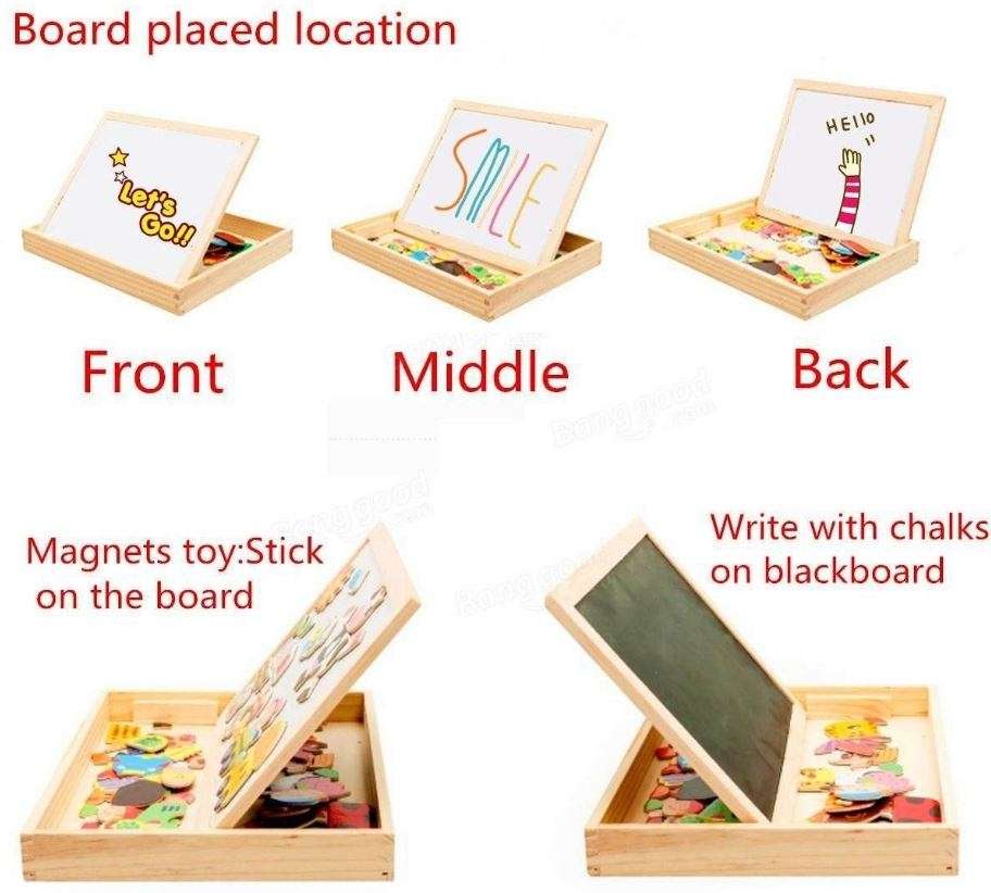 Cartoon Number Puzzle Magnetic Whiteboard & Chalkboard Set In a Wooden Box